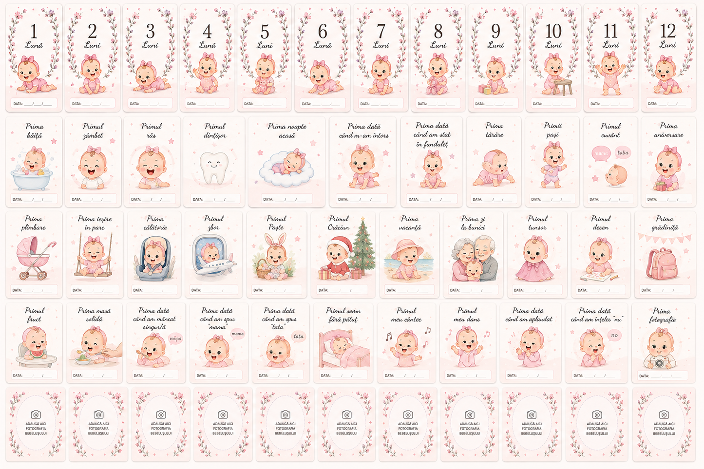 Set complet 48 carduri milestone bebeluș - design roz
