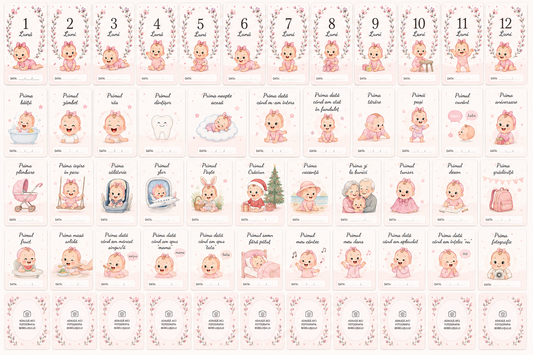 Set complet 48 carduri milestone bebeluș - design roz