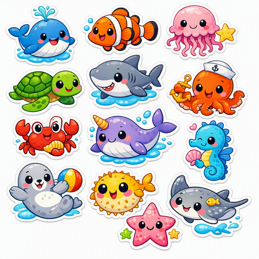 Set stickere kawaii cu 12 animale marine drăguțe – balenă, peștișor clovn, meduza, țestoase, rechin, caracatiță, crab, narval, căluț de mare, focă, pește-glob, pisică de mare