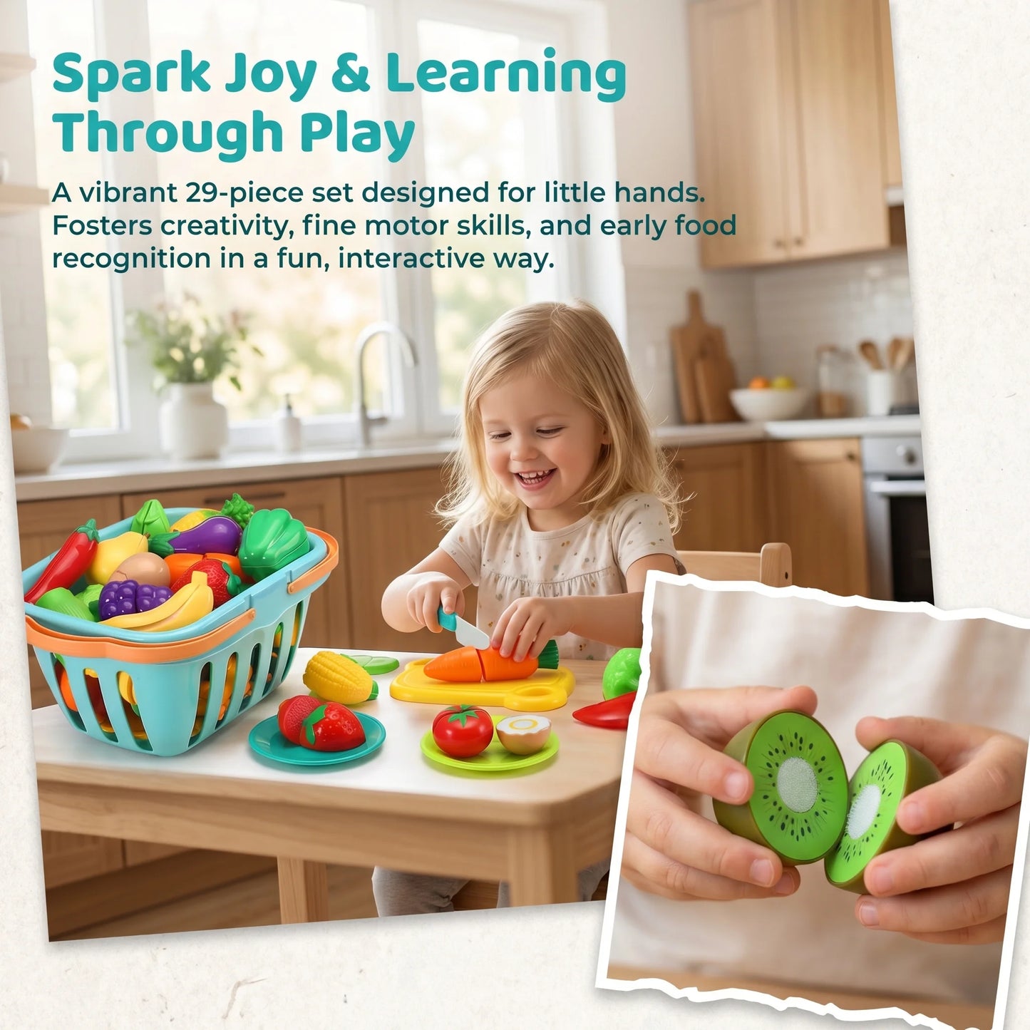 Kids Kitchen Pretend Play Food Toy Set with Cutting Features Fruit & Vegetable Accessories Storage Basket & Plastic Mini Dishes