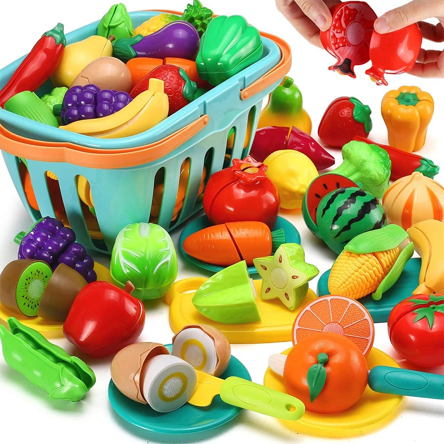 Kids Kitchen Pretend Play Food Toy Set with Cutting Features Fruit & Vegetable Accessories Storage Basket & Plastic Mini Dishes