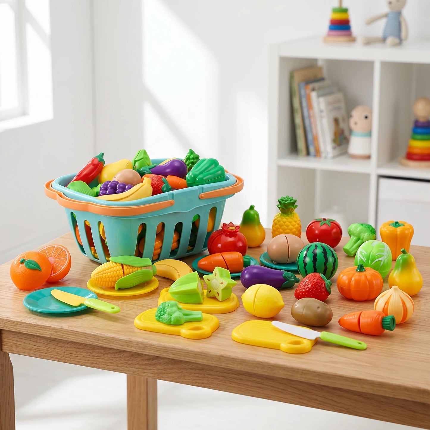 Kids Kitchen Pretend Play Food Toy Set with Cutting Features Fruit & Vegetable Accessories Storage Basket & Plastic Mini Dishes