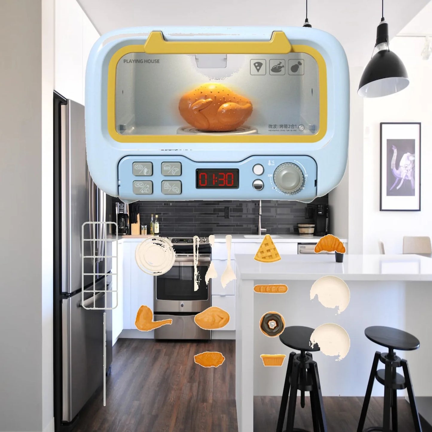 Kids Microwave Play Pretend Toys Realistic Toy Kitchen Appliances and Food Accessories for 3-8 Year Old Toddlers