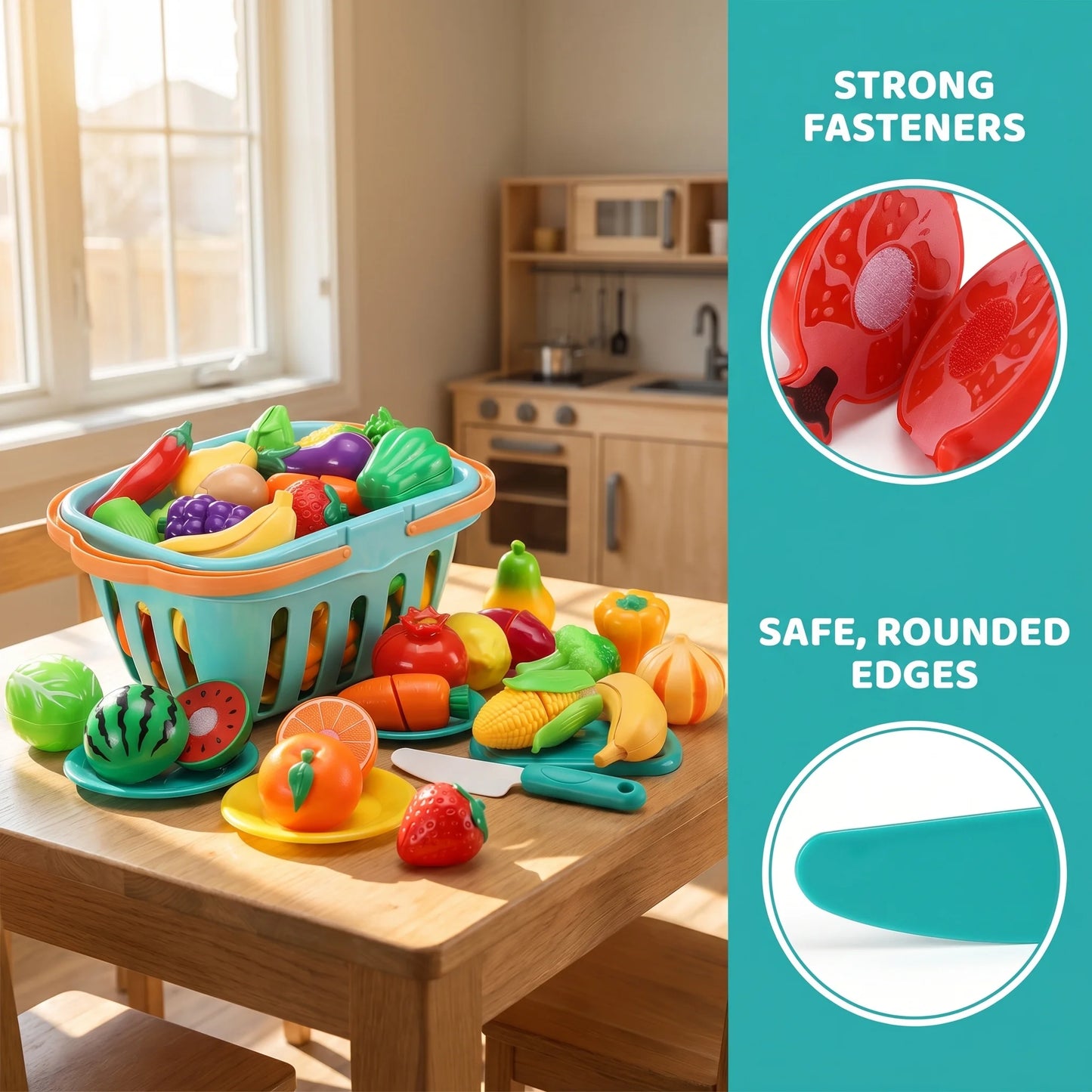 Kids Kitchen Pretend Play Food Toy Set with Cutting Features Fruit & Vegetable Accessories Storage Basket & Plastic Mini Dishes