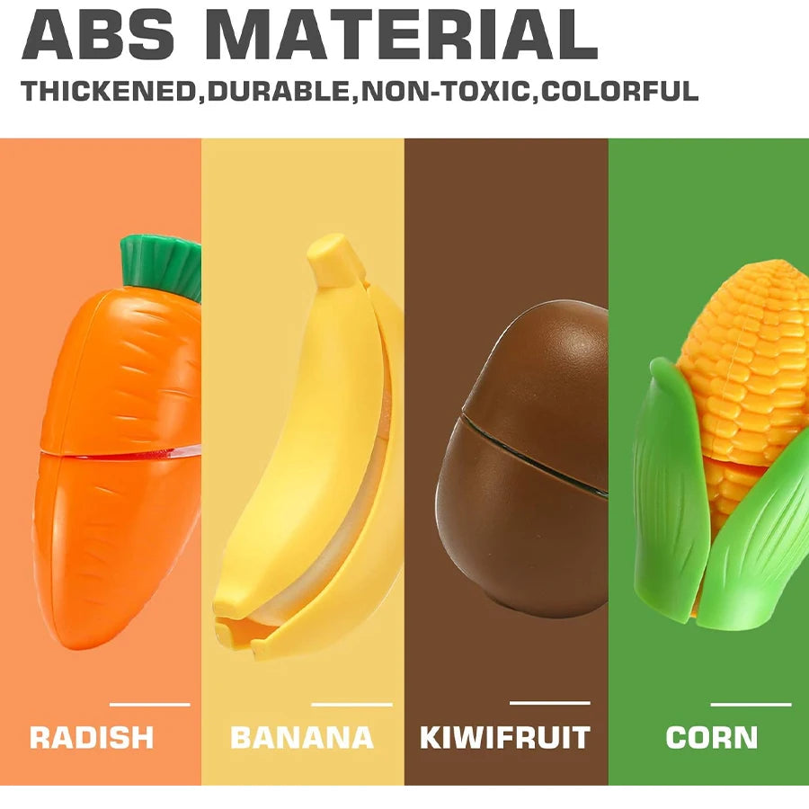 Kids Kitchen Pretend Play Food Toy Set with Cutting Features Fruit & Vegetable Accessories Storage Basket & Plastic Mini Dishes